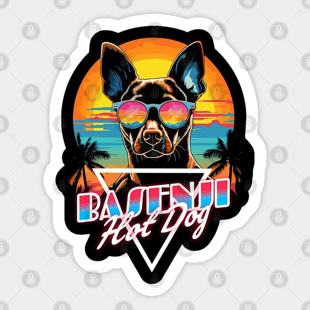 Retro Wave Basenji Hot Dog Shirt Sticker by Miami Neon Designs